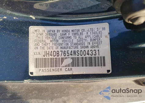 1998 Acura Integra Ls z USA, uszkodzony, nr VIN JH4DB7654WS004331